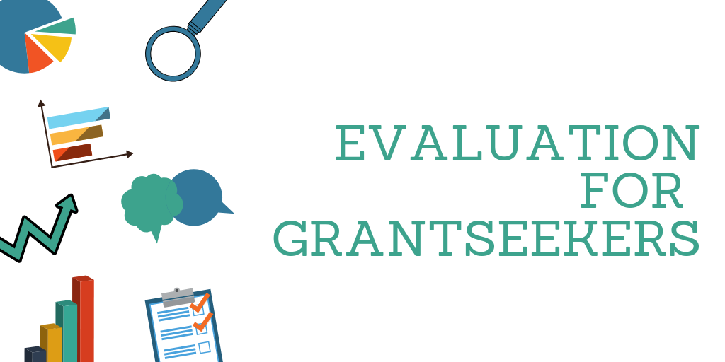 Image that says "Evaluation for Grantseekers" and includes icons related to data collection and analysis