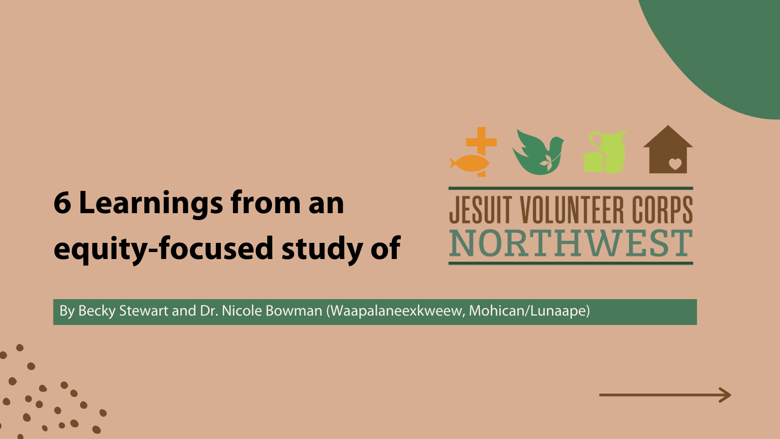 A graphic image that says "6 Learnings from an equity-focused study of Jesuit Volunteer Corps Northwest"