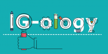 An image design of the word "IG-ology" that includes scientific icons to depict each letter.