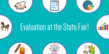 Graphic image that includes various icons of things you would find at a State Fair, such as food, farm animals, and rides. The text states "Evaluation at the State Fair!"