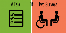 Graphic image that states "A Tale of Two Surveys." The image is split in half. On one side there is an icon of a traditional survey, on the other side, an icon of a person interviewing another person to gather data.