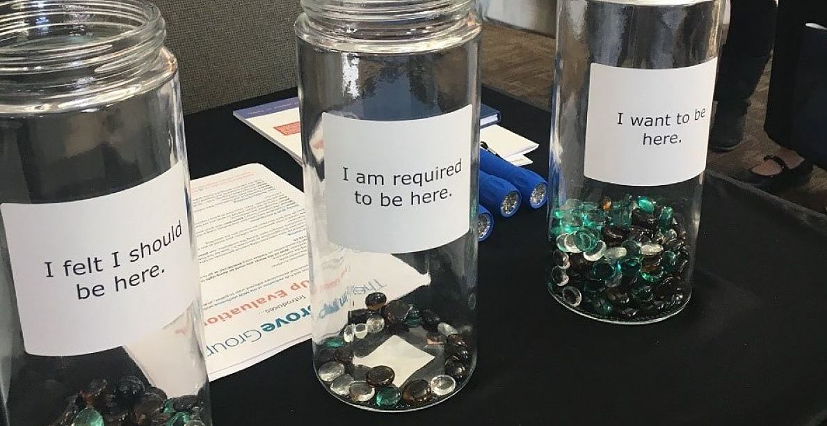 Glass jars filled with colored gemstones depicting the results from our entrance poll at the Minnesota Council of Nonprofits Annual Conference.