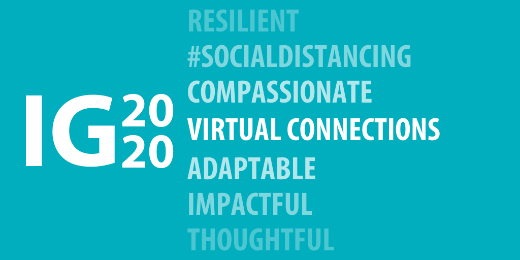 IG2020 Logo with the statement "Virtual Connections"; Other words such as Compassionate, Adaptable, and #SocialDistancing appear in different shades of darkness to convey the different ways connections will grow while we work in distant settings in response to COVID-19.