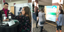 A collage of two images, the left image is a picture of IG Intern Sadman Rahman working with an MCN attendee on a data collection activity, the image on the right depicts IG Intern Yazmin Cespedes and IG CEO Leah Goldstein Moses helping a guest use the Hope-O-Meter